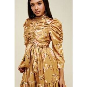 Beulah Style Shirred Mini Dress Gold Floral Satin Size M Romantic, Victorian